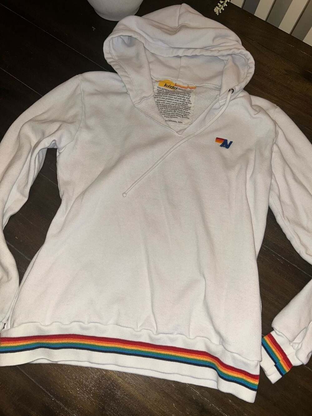 Aviator Nation White Rainbow Stripe Pullover Hoodie Size L